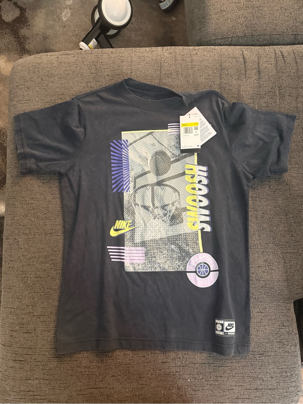 Nike Men’s Black Graphic Basketball Tee with Yellow & Purple Accents